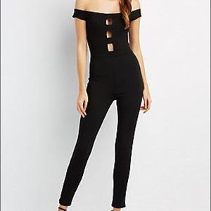 Caged front off the shoulder jumpsuit